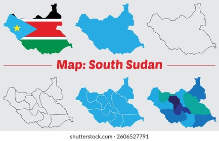 Maps of south sudan Flag, Outline, and Regional Divisions, south sudan country map set. internal provinces borders marked, Simple map of south sudan vector drawing.