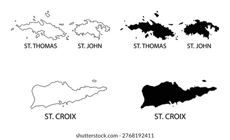 Maps of St. Thomas, St. John, and St. Croix. U.S. Virgin Islands shown in outline and solid shapes for travel planning.
