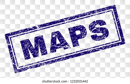 MAPS stamp seal print with rubber print style and double framed rectangle shape. Stamp is placed on a transparent background. Blue vector rubber print of MAPS label with grunge texture.