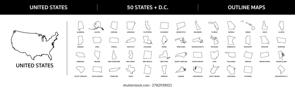 Maps of states of USA. Set of all 50 American States maps of United States + Washington DC in outline