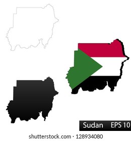 Maps of Sudan, 3 dimensional with flag clipped inside borders,and shadow, and black and white contours of country shape, vector