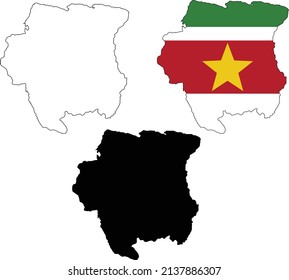 Mapas de Surinam con fondo blanco. Estado de Sudamérica. Bandera nacional de Suriname en forma de mapa del país. estilo plano.