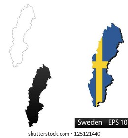 Maps of Sweden, 3 dimensional with flag clipped inside borders,and shadow, and black and white contours of country shape, vector