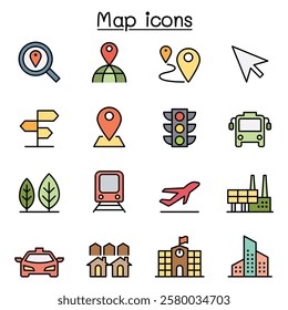 Maps and Symbol icon set in color line style