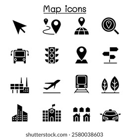Maps and Symbol icon set in glyph style