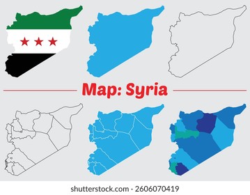 Maps of Syria, including flag, outline, and political divisions Syria country map set.