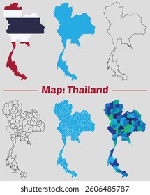 Maps of Thailand Flag, Outline, and Regional Divisions, Thailand country map set. internal provinces borders marked, Simple map of Thailand vector drawing.