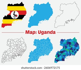 Maps of Uganda, Outline, and Regional Divisions, Uganda country map set. internal provinces borders marked, Simple map of Uganda vector drawing.