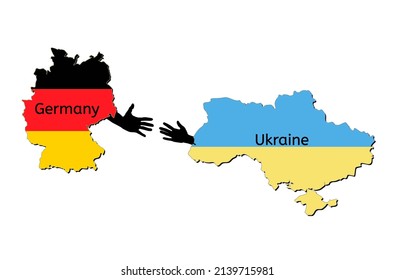 Maps of Ukraine and Germany in national flag colors with hands reaching out for cooperation