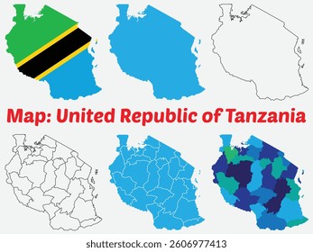 Maps of United Republic of Tanzania, Outline, and Regional Divisions, United Republic of Tanzania country map set. internal provinces borders marked, Simple map of Tanzania vector drawing.