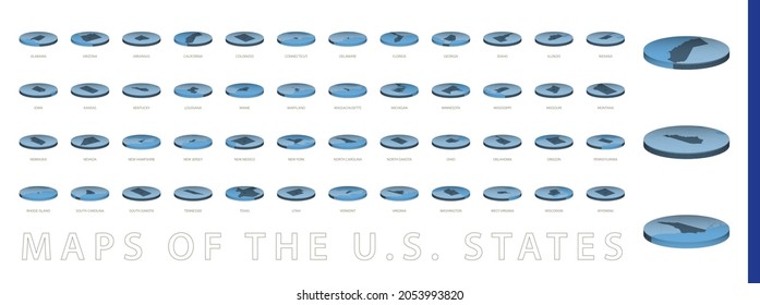 Maps of the U.S. States in a circular isometric style, maps in a blue color palette. Vector illustration.