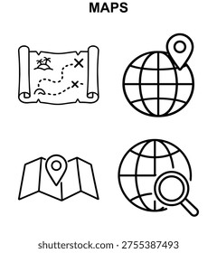 Maps vector icon set with maps treasure route globe marker folded map and map search