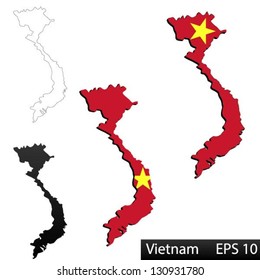 Maps of Vietnam, 3 dimensional with flag clipped inside borders,and shadow, and black and white contours of country shape, vector