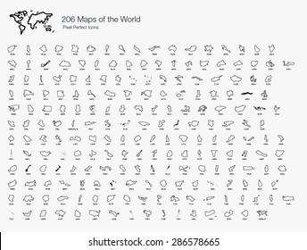 Maps of the World by Country Pixel Perfect Icons (line style)