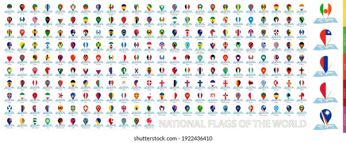 Maps of the world with pin flags of 228 countries. Big map and flag collection.