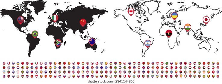 Maps of the world with pin flags of the whole world. Vector illustration