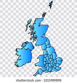 Map-UkCounties map. Each city and border has separately. Bluish blue. Vector illustration Eps 10.