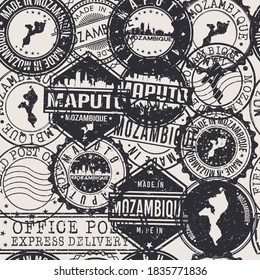 Maputo, Mozambique Pattern of Stamps. Travel Passport Stamps. Made In Product. Design Seals in Old Style Insignia Seamless. Icon Clip Art Vector Collection.