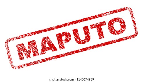MAPUTO stamp seal print with distress style. Red vector rubber print of MAPUTO text with dirty texture. Text caption is placed inside rounded rectangle frame.