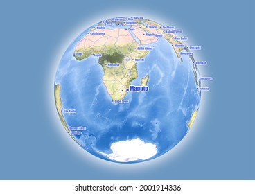 Maputo-Mozambique is shown on vector globe map. The map shows Maputo-Mozambique 's location in the world.