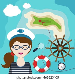 mapwith a sailor, lifeline, steering wheel, compass and magnifier on background with sea map. Child Game. Help the girl-sailor swim to shore. Vector illustration