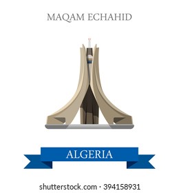 Maqam Echahid in Algeria. Flat cartoon style historic sight showplace attraction web site vector illustration. World countries cities vacation travel sightseeing Africa collection.