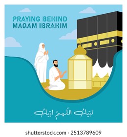 Maqam Ibrahim es la piedra donde el profeta Ibrahim estaba cuando construyó la Kaaba. Los peregrinos del Hayy rezan frente a la maqam de Ibrahim. Concepto islámico del Hajj. Ilustración vectorial plana.