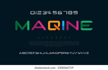Maqine creative modern geometric urban alphabet font. Digital abstract futuristic, game, techno, robot, music, logo, sport, minimal technology typography. Simple numeric vector illustration