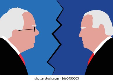 Mar 01, 2020 - Character Illustration Of Bernie Sanders Facing Joe Biden. Illustrating The 2020 US Democratic Party Presidential Primaries