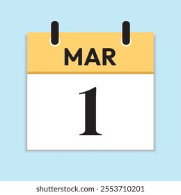 Mar 1. Daily Calendar in Flat Design. March 1st. Yellow Illustration with Soft Blue Background. Serif Font. Date Icon. Time Concept.