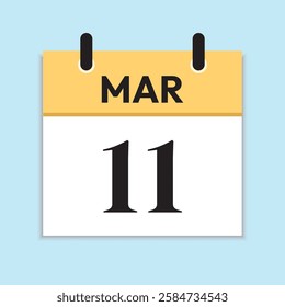Mar 11. Daily Calendar in Flat Design. March 11th. Yellow Illustration with Soft Blue Background. Time Concept. Serif Font. Date Icon.