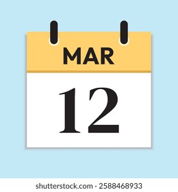 Mar 12. Daily Calendar in Flat Design. March 12th. Yellow Illustration with Soft Blue Background. Time Concept. Date Icon. Serif Font.