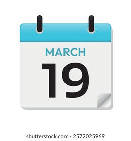 Mar 19th. March Nineteenth. Calendar Page in Flat Design. Month. Daily. Blue Vector. Date Icon. Time Concept. Day Illustration Symbol.