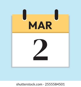 Mar 2. Daily Calendar in Flat Design. March 2nd. Yellow Illustration with Soft Blue Background. Serif Font. Time Concept. Date Icon.