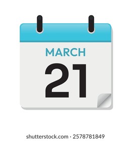 Mar 21st. March Twenty First. Calendar Page in Flat Design. Month. Daily. Blue Vector. Date Icon. Time Concept. Day Illustration Symbol.