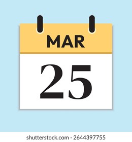 25 de março. Calendário Diário em Design Plano. 25 de março. Ilustração amarela com plano de fundo azul suave. Conceito de tempo. Fonte Serif. Ícone Data.