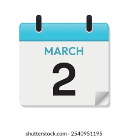 2 de março. Segundo de março. Página de Calendário em Design Simples. Mês. Diariamente. Vetor azul. Ícone Data. Símbolo de Ilustração de Dia. Conceito de tempo.