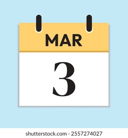 Mar 3. Daily Calendar in Flat Design. March 3rd. Yellow Illustration with Soft Blue Background. Time Concept. Date Icon. Serif Font.