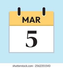 Mar 5. Daily Calendar in Flat Design. March 5th. Yellow Illustration with Soft Blue Background. Serif Font. Date Icon. Time Concept.