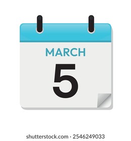 5 de março. Cinco de março. Página de Calendário em Design Simples. Mês. Diariamente. Vetor azul. Ícone Data. Conceito de tempo. Símbolo de Ilustração de Dia.