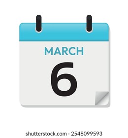 Mar 6th. March Sixth. Calendar Page in Flat Design. Month. Daily. Blue Vector. Date Icon. Day Illustration Symbol. Time Concept.