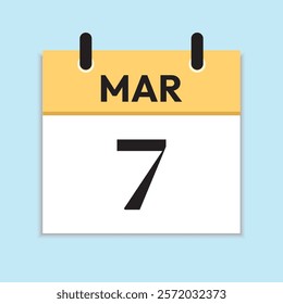 Mar 7. Daily Calendar in Flat Design. March 7th. Yellow Illustration with Soft Blue Background. Serif Font. Date Icon. Time Concept.