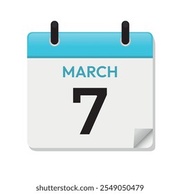 7 de março. Sete de março. Página de Calendário em Design Simples. Mês. Diariamente. Vetor azul. Ícone Data. Conceito de tempo. Símbolo de Ilustração de Dia.