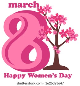 Mar. 8 concept, text design Happy Women's Day with flowers. Vector illustration. Templates for posters, cards, banners.