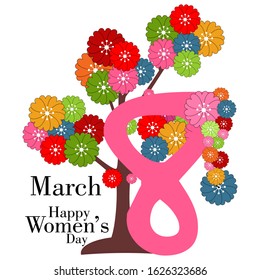 Mar. 8 concept, text design Happy Women's Day with flowers. Vector illustration. Templates for posters, cards, banners.