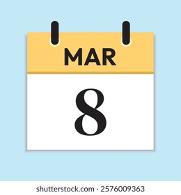 Mar 8. Daily Calendar in Flat Design. March 8th. Yellow Illustration with Soft Blue Background. Serif Font. Time Concept. Date Icon.