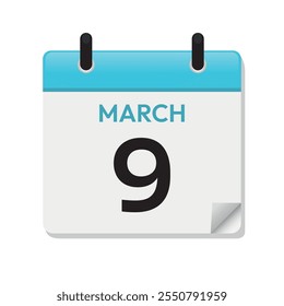 9 de março. Noventa de março. Página de Calendário em Design Simples. Mês. Diariamente. Vetor azul. Ícone Data. Conceito de tempo. Símbolo de Ilustração de Dia.