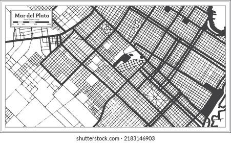 Mar del Plata Argentina City Map in Black and White Color in Retro Style Isolated on White. Outline Map. Vector Illustration.