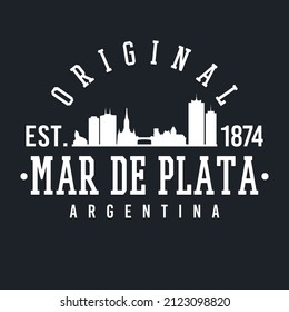 Mar del Plata, Buenos Aires Province, Argentina Skyline Original. A Logotype Sports College and University Style. Illustration Design Vector City.