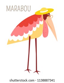 Marabou bird in straw hat childish book character